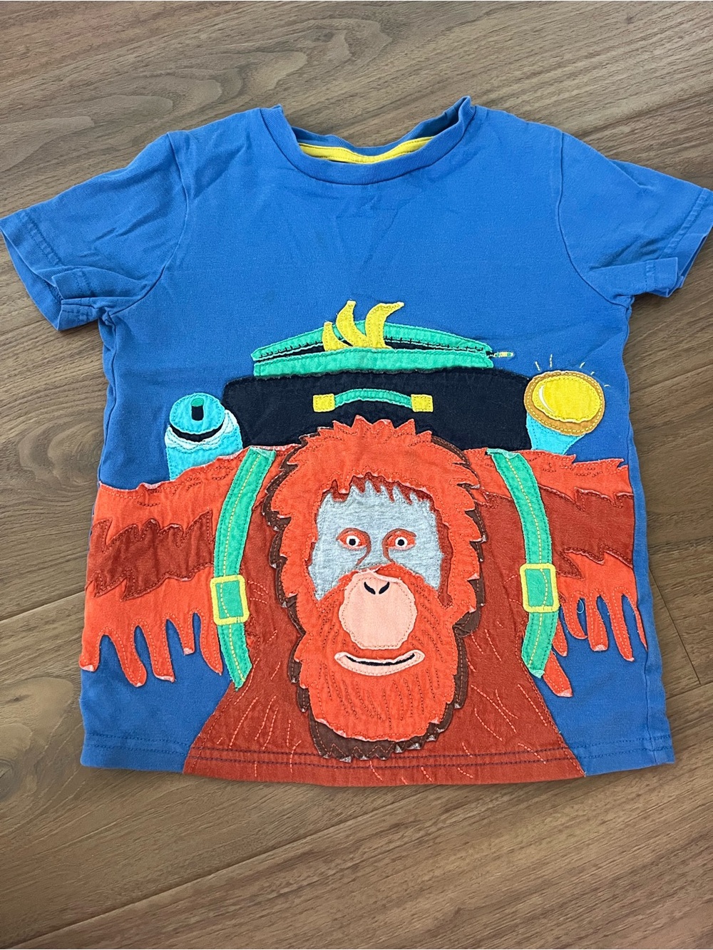 Mini Boden Blue Tee with Bright Orange Orangutan Applique